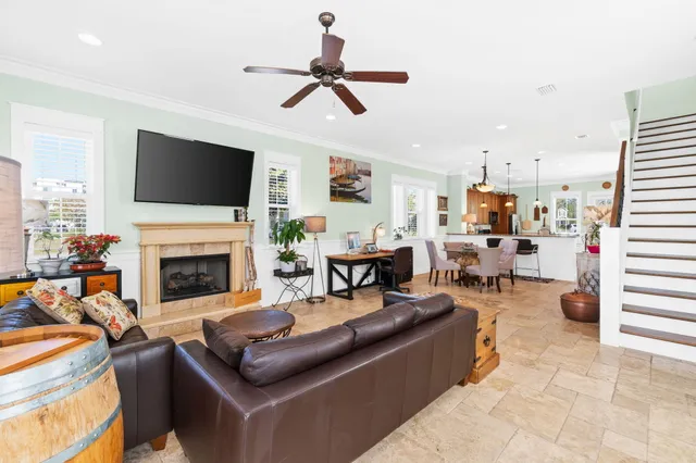 a workspace with furniture and stairs