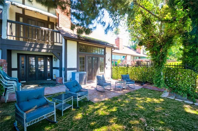 a view of a bench in a garden