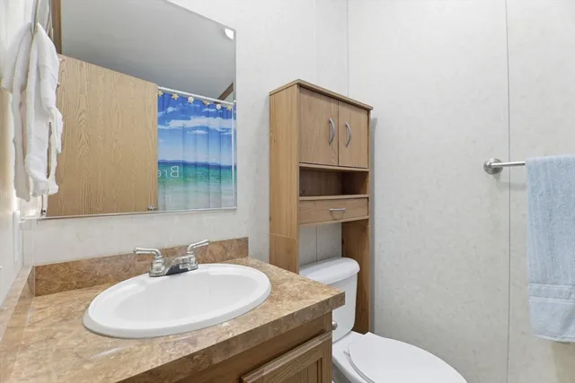 a bathroom with a toilet sink and mirror