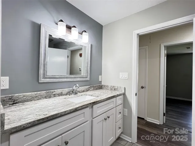 a bathroom with a granite countertop sink vanity and a mirror