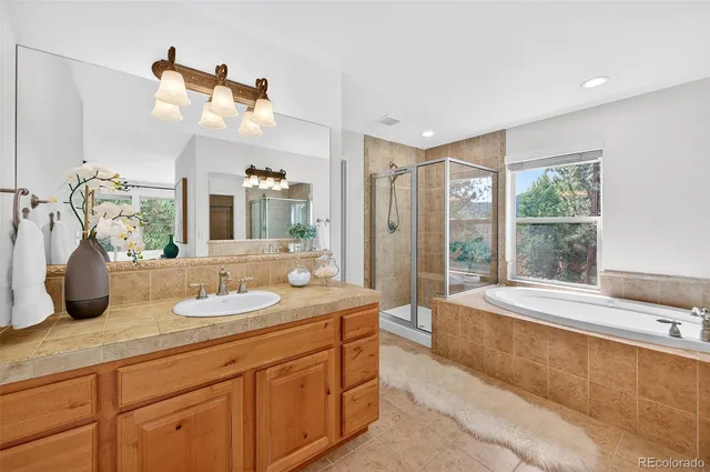 a bathroom with a tub sink and mirror