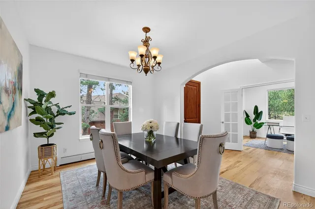 a dining room with furniture potted plants and wooden floor