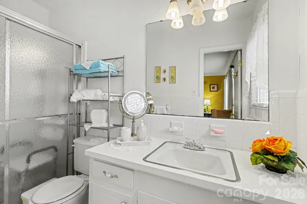 a bathroom with a sink mirror vanity and toilet