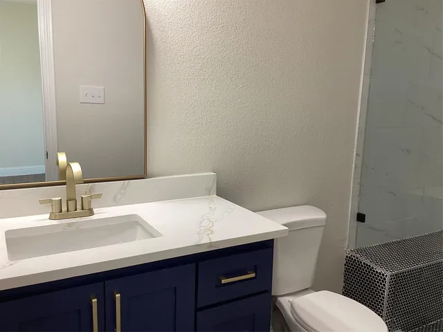 a bathroom with a sink a toilet and mirror