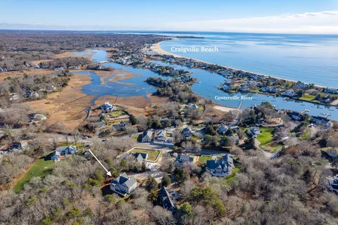 an aerial view of beach and ocean