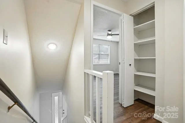 a view of walk in closet with empty racks