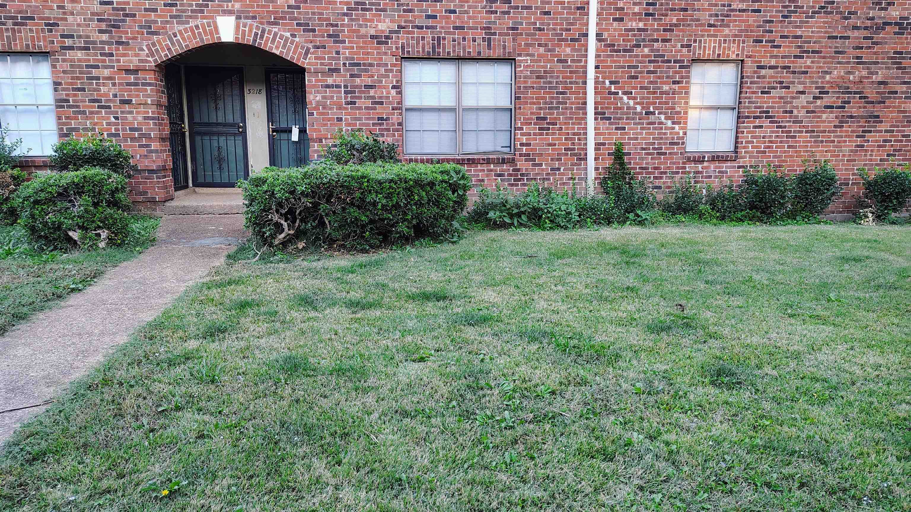 a view of a brick house with a yard and plants