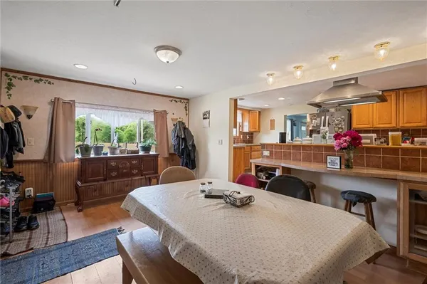 a view of a dining room with furniture