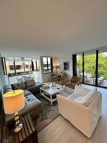 a living room with furniture and floor to ceiling window
