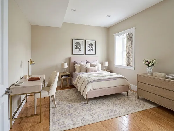 a bedroom with a bed and a table
