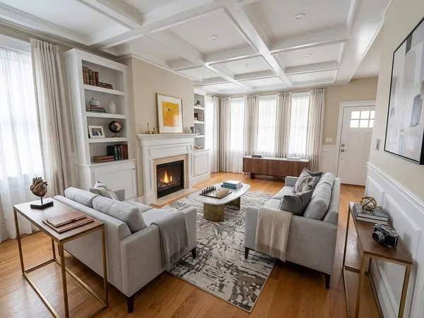a living room with furniture fireplace and a window
