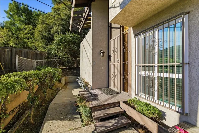 a garden view with a seating space