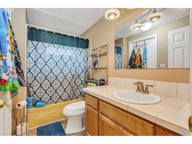 a bathroom with a sink a mirror a toilet and a shower curtain