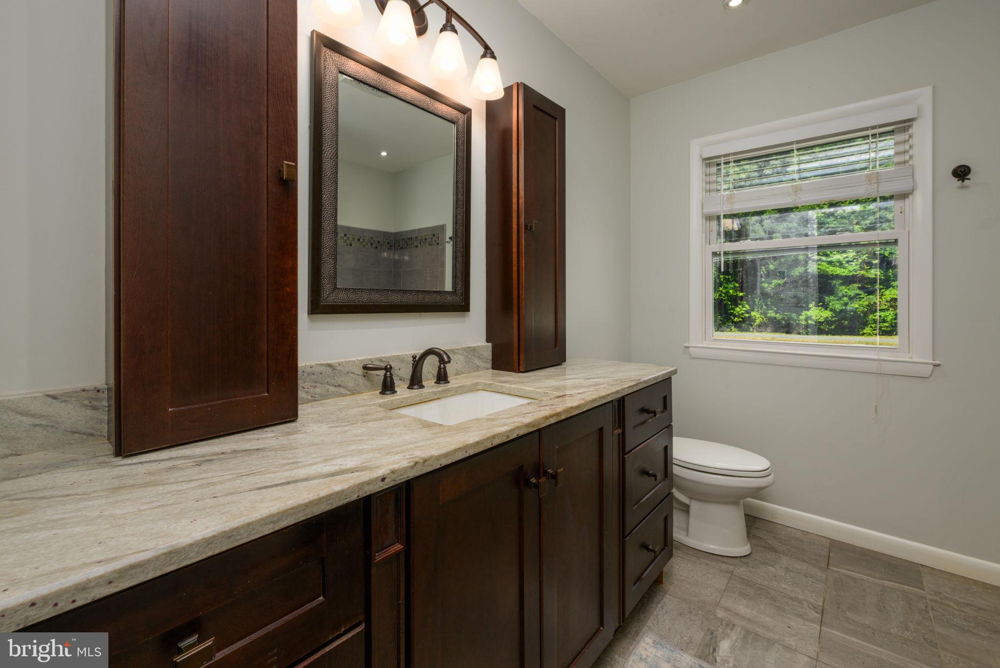 4563 Nutters Cross Road Salisbury, MD 21804 - Photo 46 of 52 a bathroom with a granite countertop sink a large mirror a toilet and a window