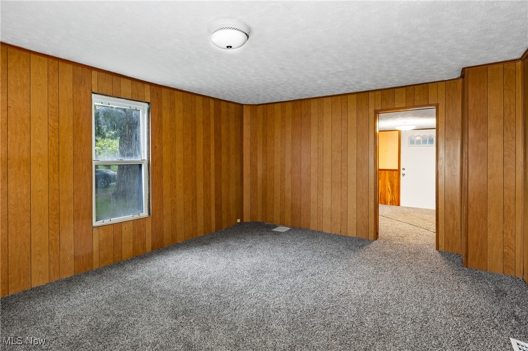 7529 State Line Burghill, OH 44404 - Photo 5 of 23 Carpeted empty room featuring wooden walls and a textured ceiling