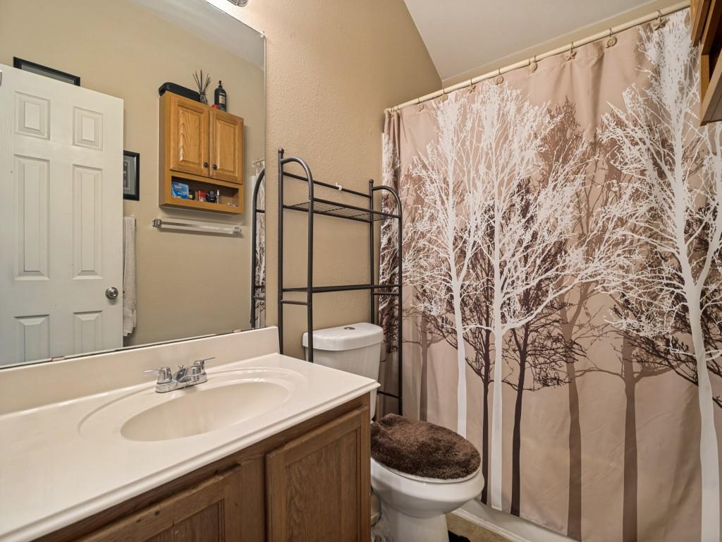 119 Robin Lane Forney, TX 75126 - Photo 20 of 27 Bathroom featuring a single vanity with an integrated sink, wood-finish cabinetry, an overhead light fixture, and a built-in wall cabinet