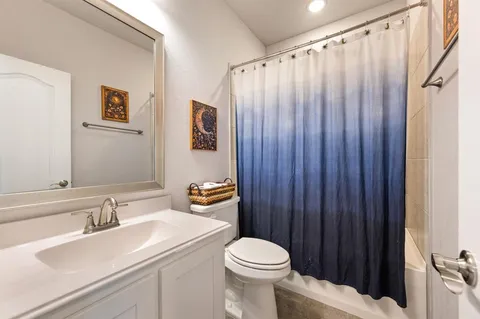 a bathroom with a sink a toilet and shower curtain