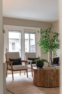 a living room with furniture potted plant and a window