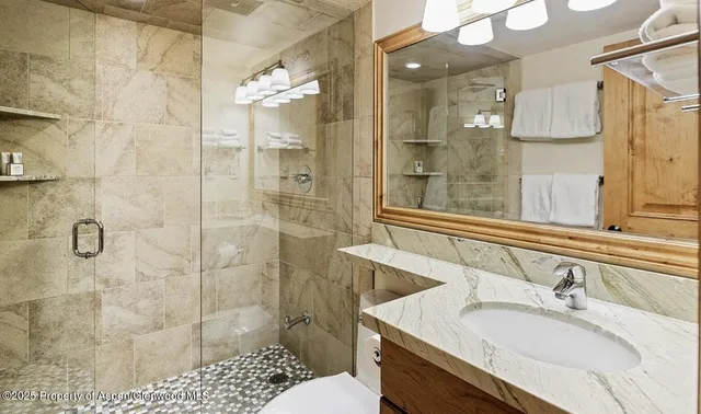 a bathroom with a sink toilet and shower