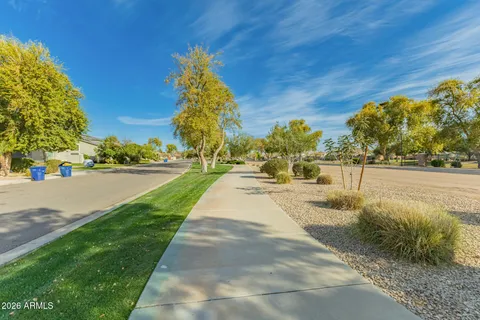 a view of swimming pool with a yard and large trees