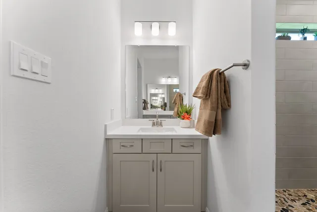 a bathroom with a sink and a mirror