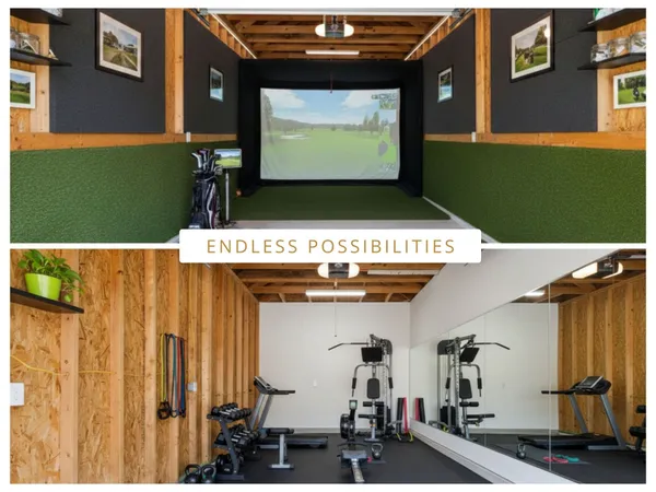 an aerial view of a house with a mountain