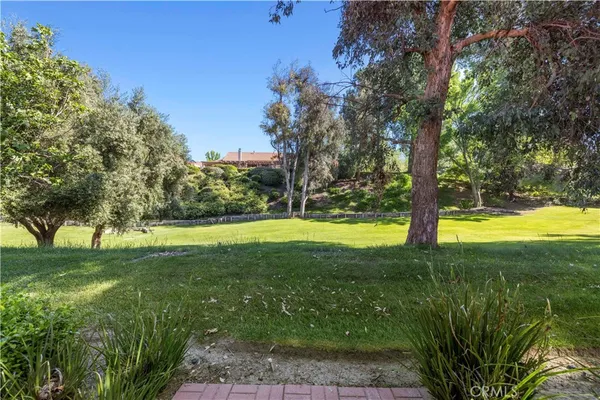 a view of yard with swimming pool and green space