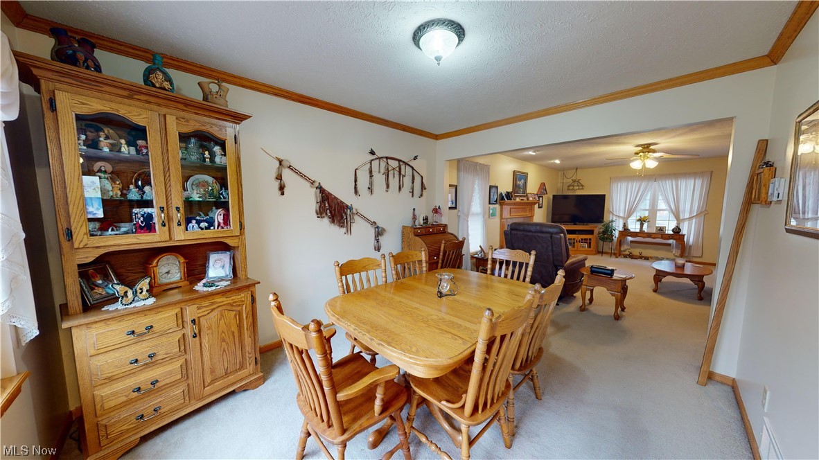 12431 Carter Road Painesville, OH 44077 - Photo 6 of 33 Carpeted dining room featuring ornamental molding, a textured ceiling, and ceiling fan