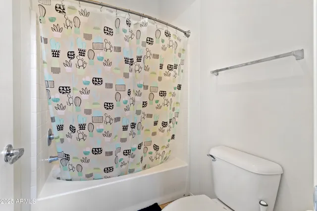 a white toilet sitting next to a shower curtain