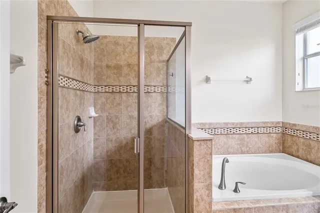 a bathroom with a bathtub and a shower