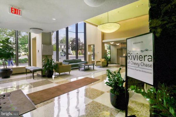 a building with potted plants and a large tree