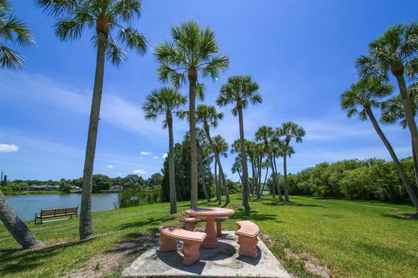 a view of a garden with a table and chairs