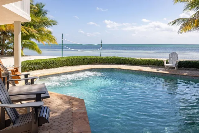 a view of a swimming pool with a patio