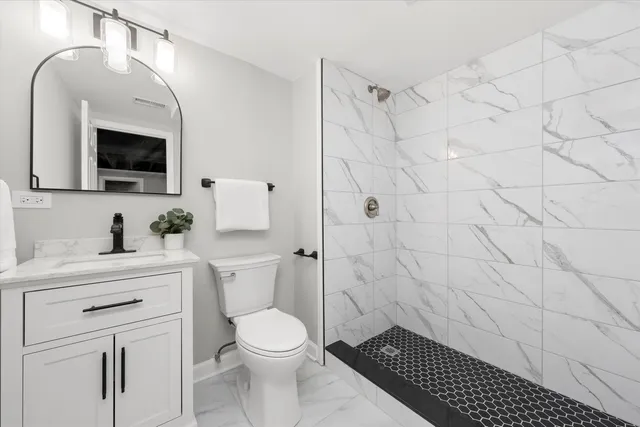 a bathroom with a toilet a sink a mirror and vanity