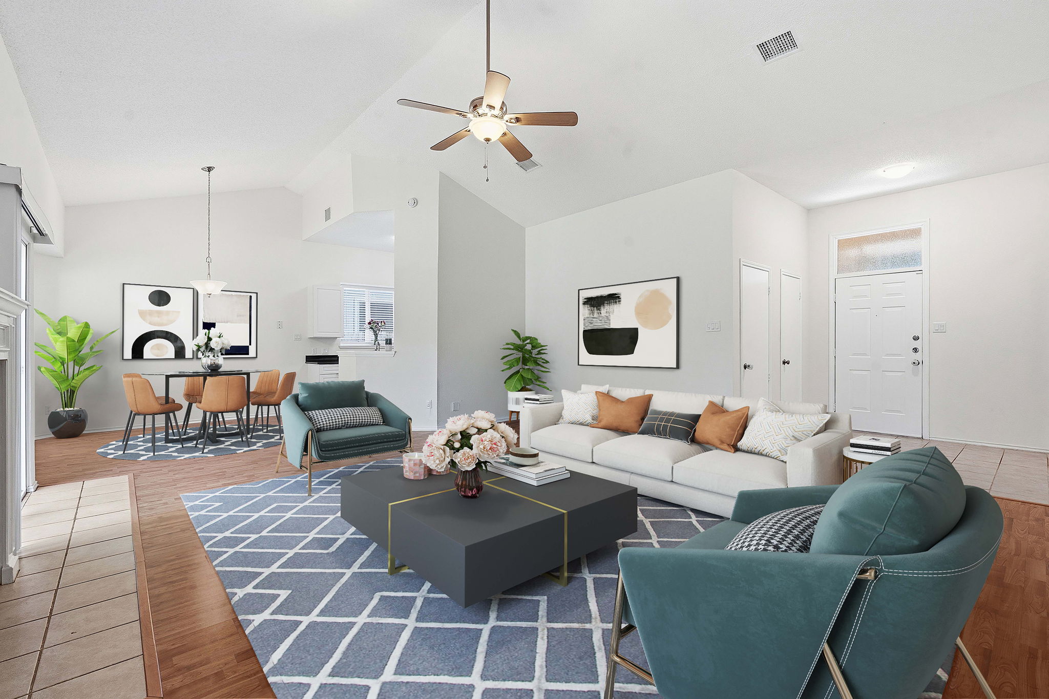 14818 Yellowleaf Trail Austin, TX 78728 - Photo 5 of 26 Spacious open-concept living area featuring vaulted ceilings, wood-finish flooring, a ceiling fan, and a front entry door with transom window