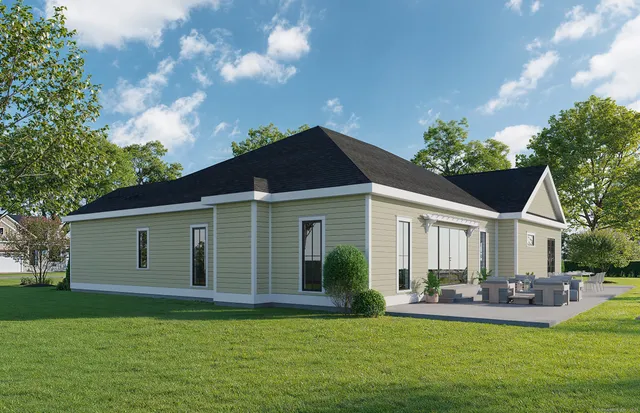 a view of a house with swimming pool and a yard