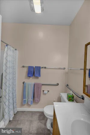 a bathroom with a sink a toilet and shower curtain