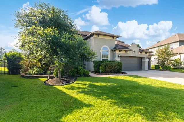 a view of a house with a yard and a large tree