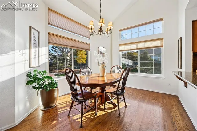 a dining room with furniture potted plants and wooden floor