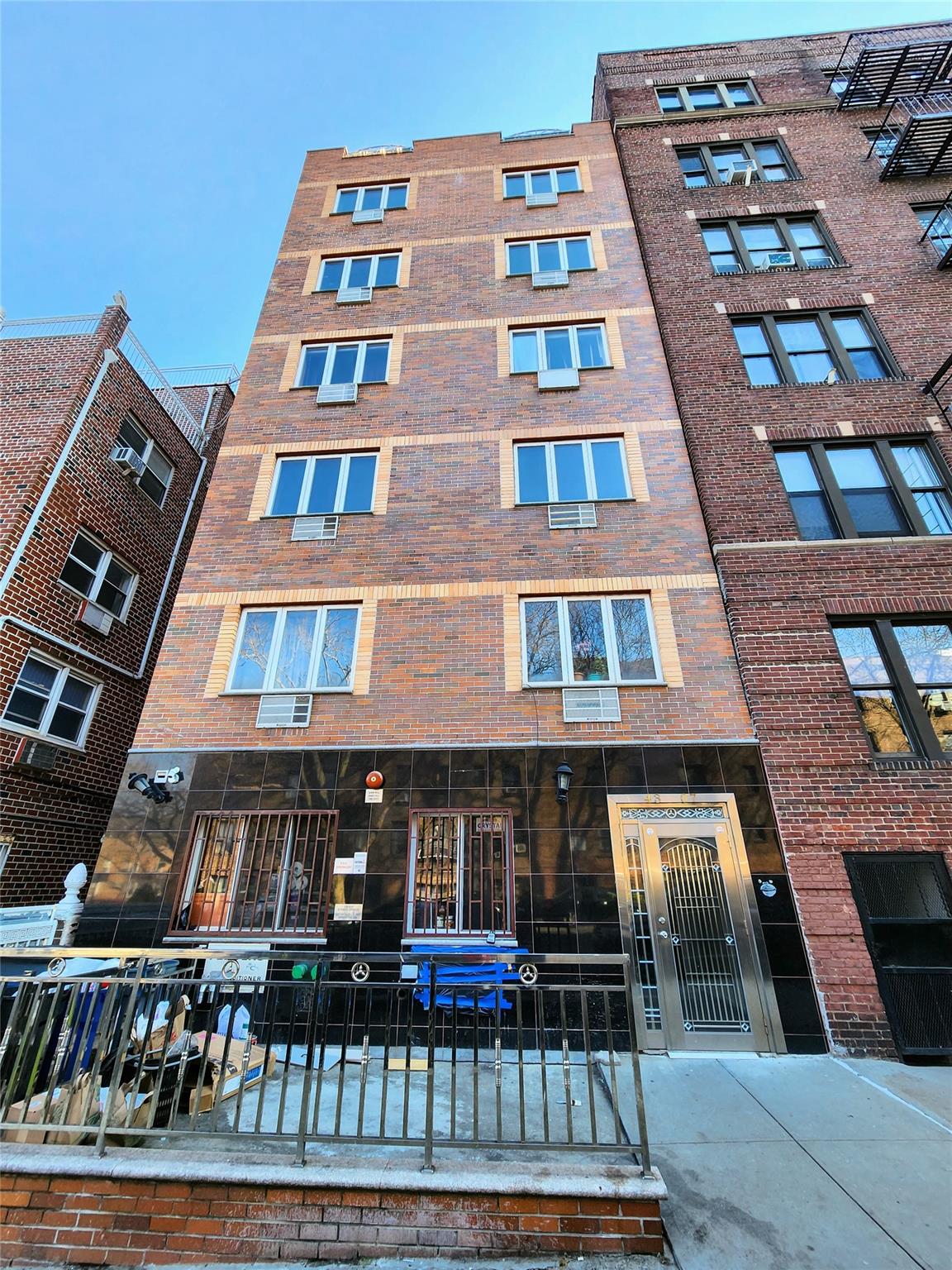 a front view of a multi story building