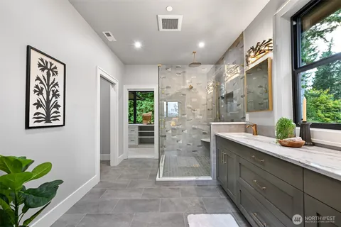 a lobby with a large mirror