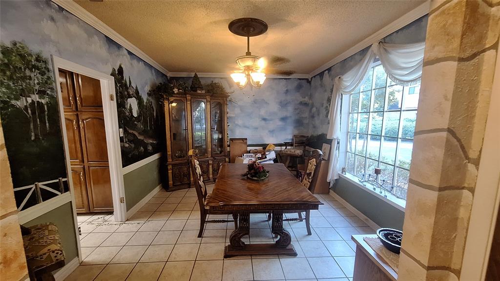 613 Colts Neck Court Colleyville, TX 76034 - Photo 25 of 38 front dining opens into kitchen and entry hall with coat closet, updated fan, crown mold and wainscote and wonderful window to appreciate treed front yard view. Owner painted the dining mural walls and old stone look in entry hall