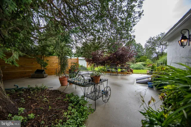 a view of a patio with table and chairs potted plants and large tree
