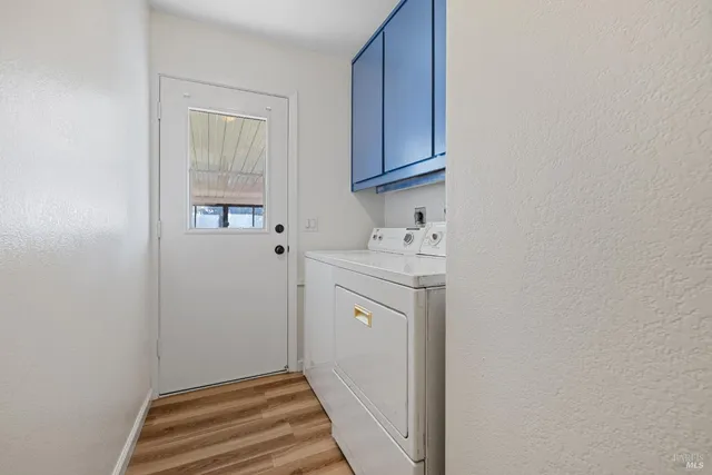 a storage room with cabinets