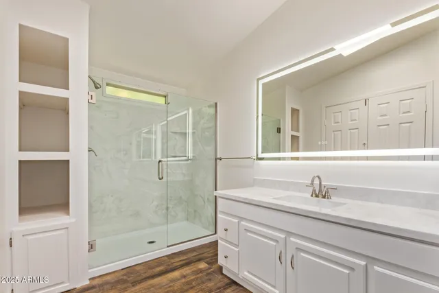 a bathroom with a shower sink and mirror