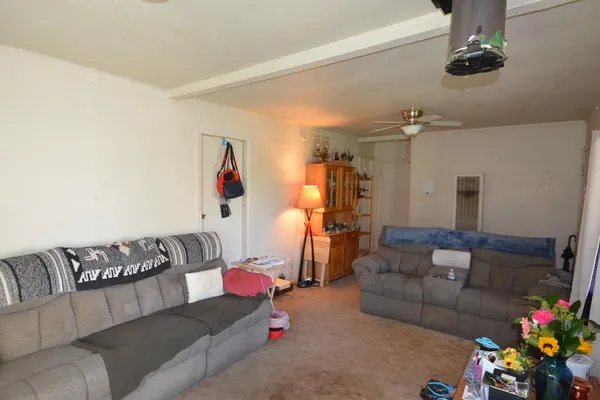 a living room with furniture and flowers
