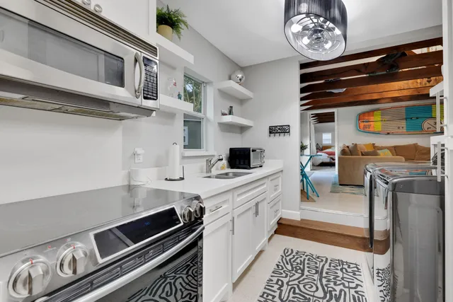 a kitchen with a stove and a microwave