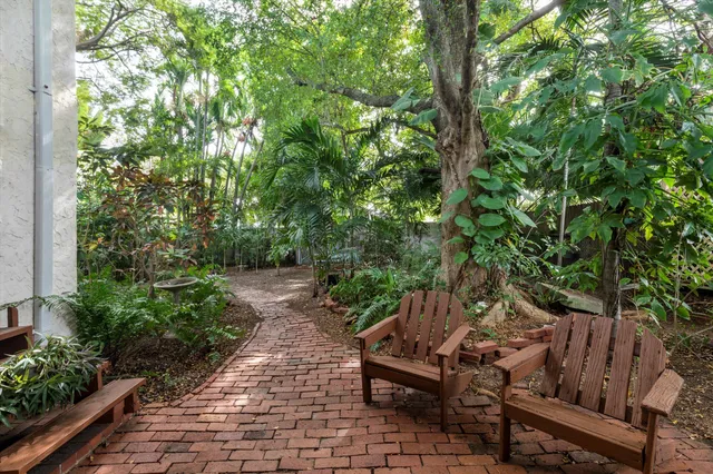 a view of backyard with table and chairs and potted plants