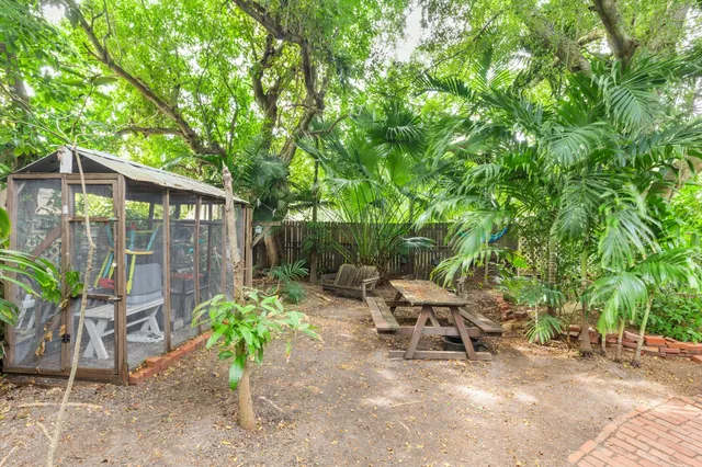 a view of backyard with outdoor seating and plants