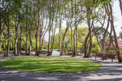 a garden view with a fountain